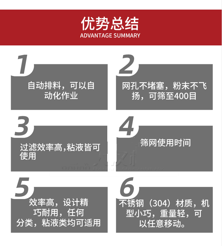 过滤筛优势总结：1，自动排料，可以自动化作用。2，网孔不堵塞，粉尘不飞扬，可筛至400目。3，过滤效率高，任何粒，粉，粘液也可使用。4，筛网设计大大提高了筛网使用时间，也魏换网提高了方便。5，效率高，设计精巧耐用，任何分类设计精巧耐用，任何分类，粘液类均可适用。6，不锈钢材质机型小巧，重量轻，可以任意移动。